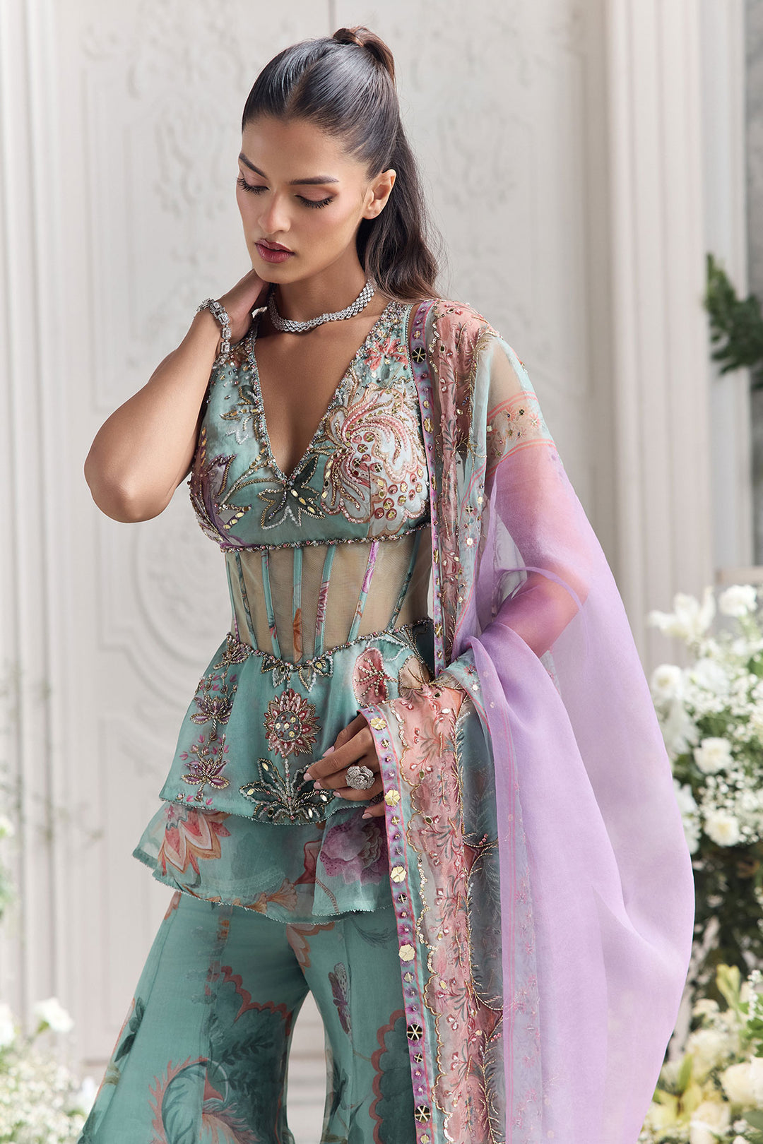 Carnival Mint Pastel Floral Bustier Sharara Dress