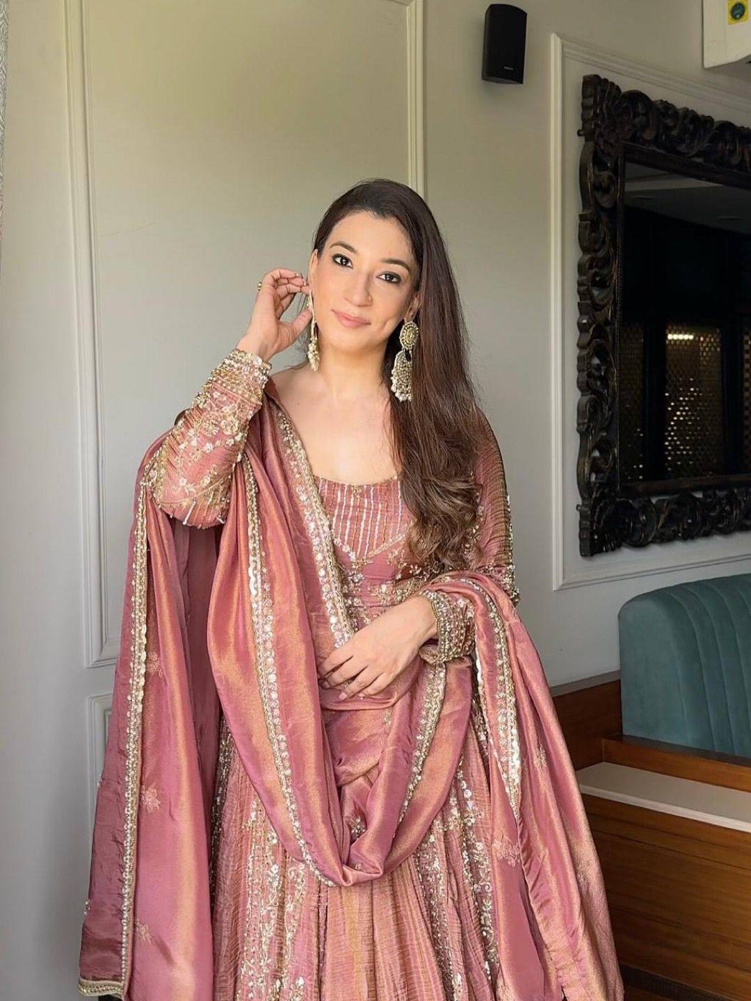 Dusty Rose Anarkali Suit – Tissue Fabric with Zari Sequin Embroidery Work