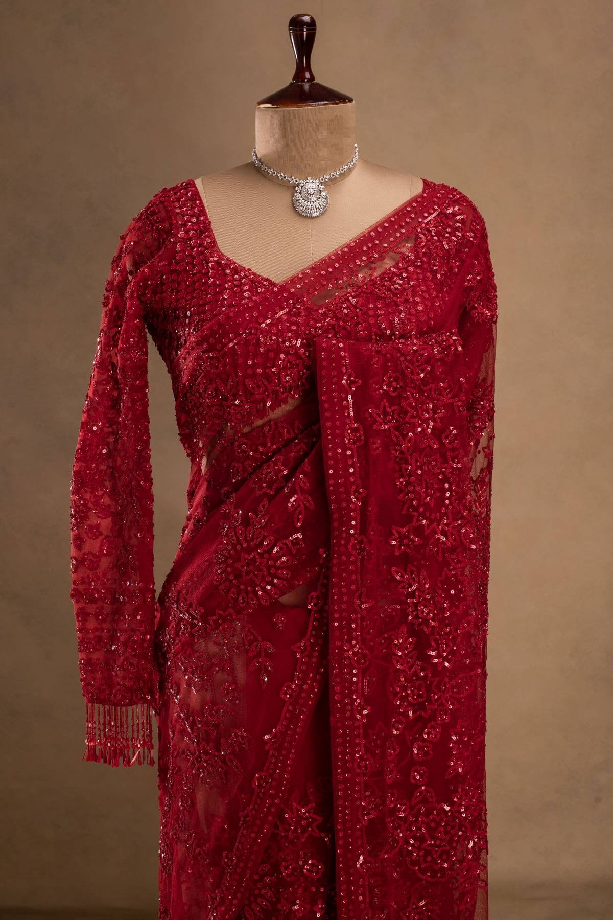 HEAVY EMBROIDERY & FANCY LACE WORK SAREE WITH STITCH BLOUSE