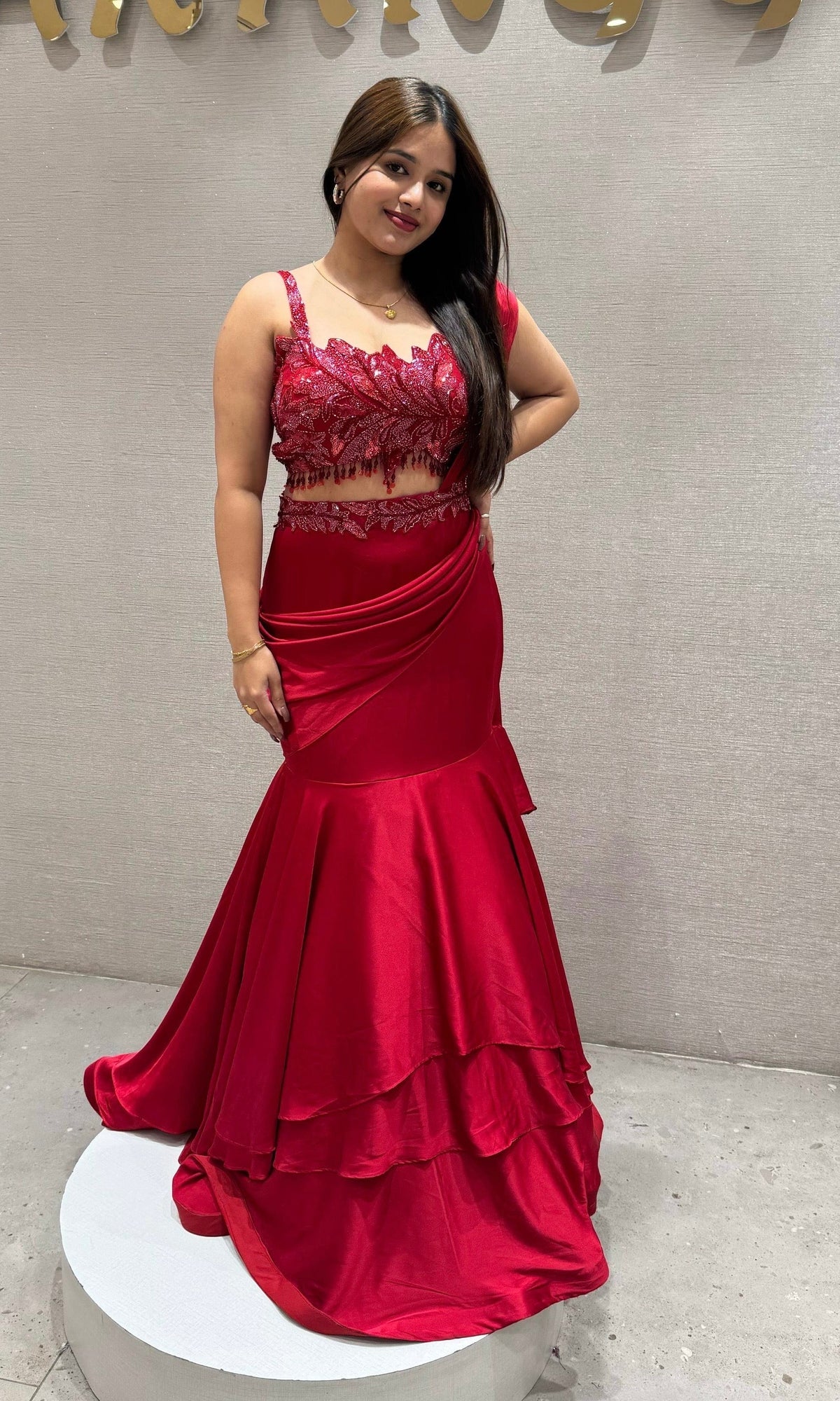 Embroidered Crop Top with Draped Layered Lehenga Set