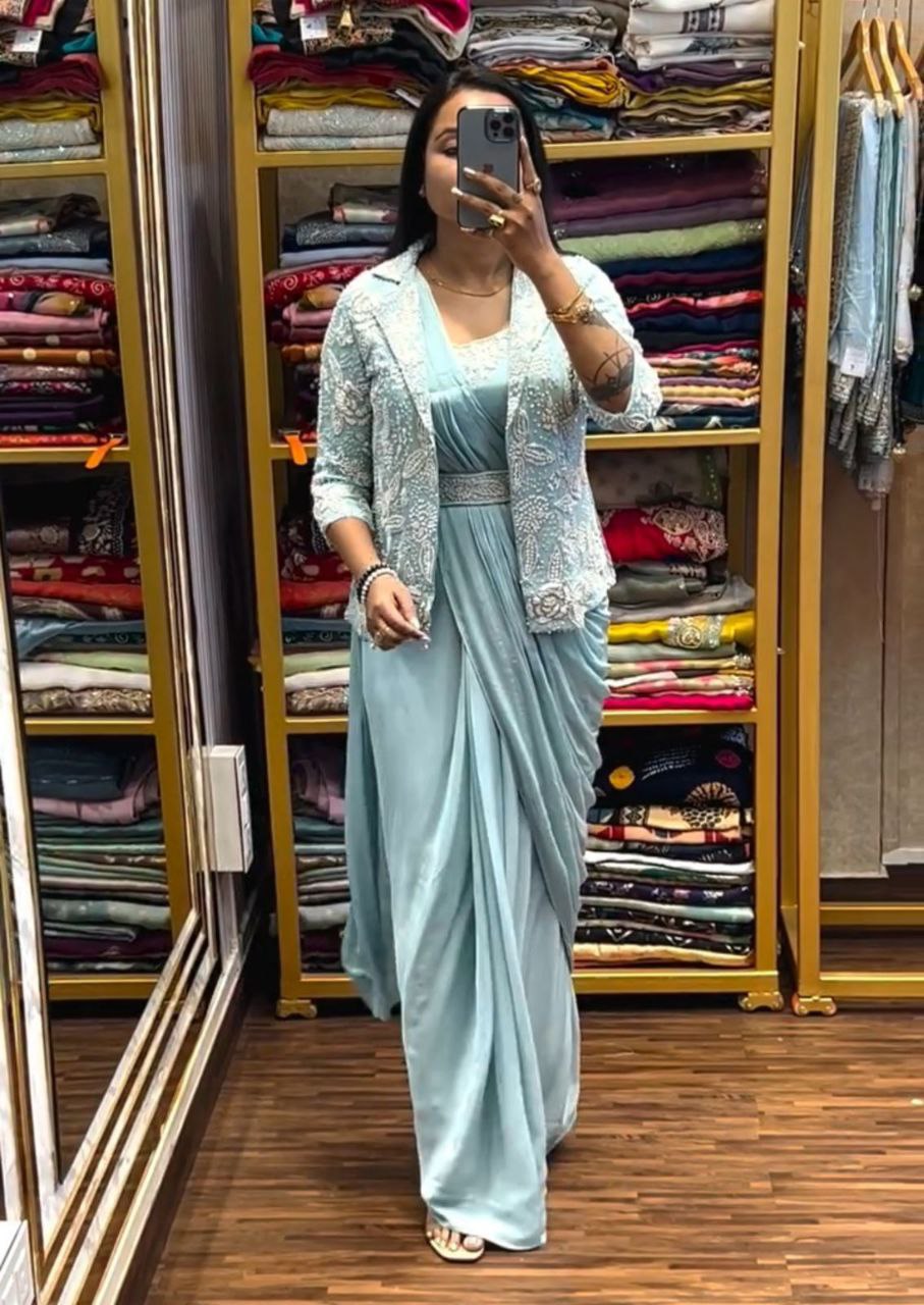 New Super Trending Embroidery Sequence work ready to wear saree with full koti