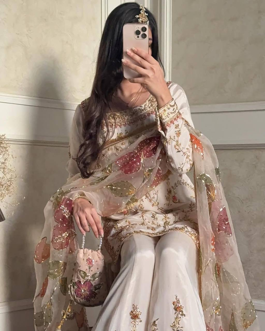 DESIGNER HEAVY CHINON WITH SEQUANCE EMBROIDERY WORK SUIT WITH PLAZZO AND DUPATTA