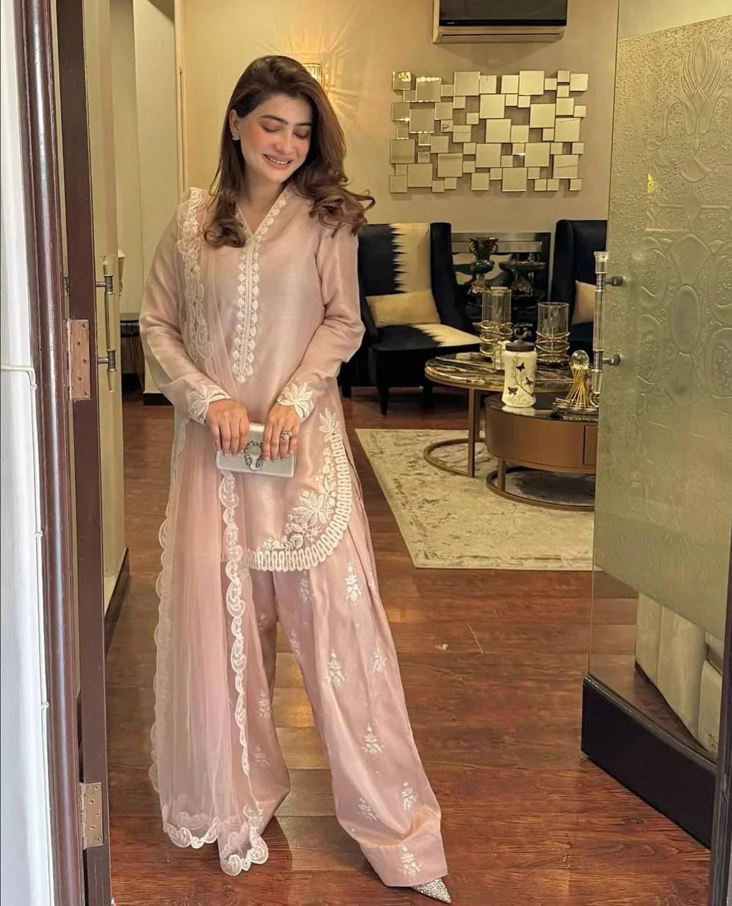 Pink Color Natural Creape Silk Embroidery Kurta With Pant