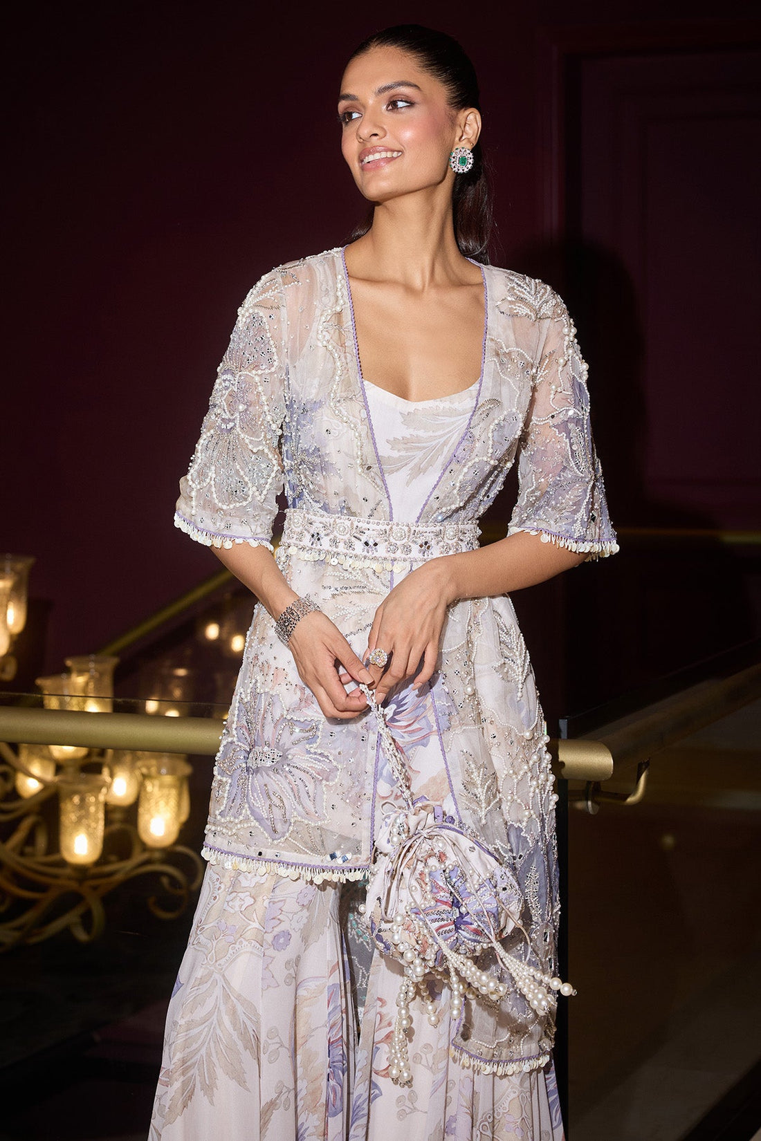 Mahnoor Embroidered Gharara Set Paired with High Low Jacket and Belt