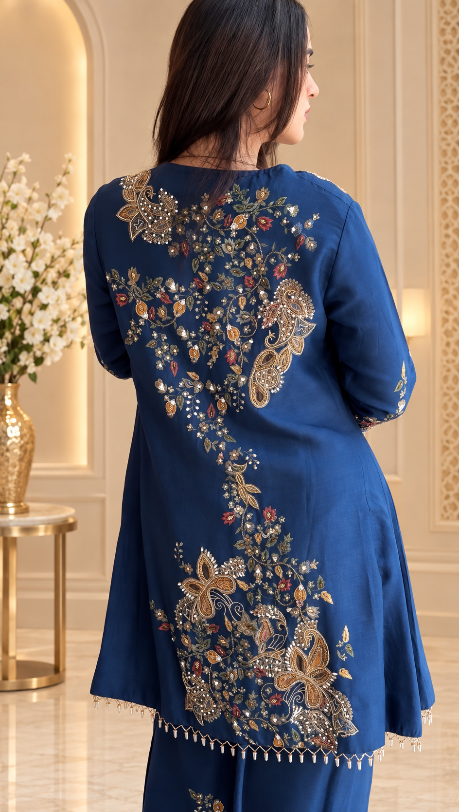 Navy Blue Printed Silk Palazzo Suit with Embroidery