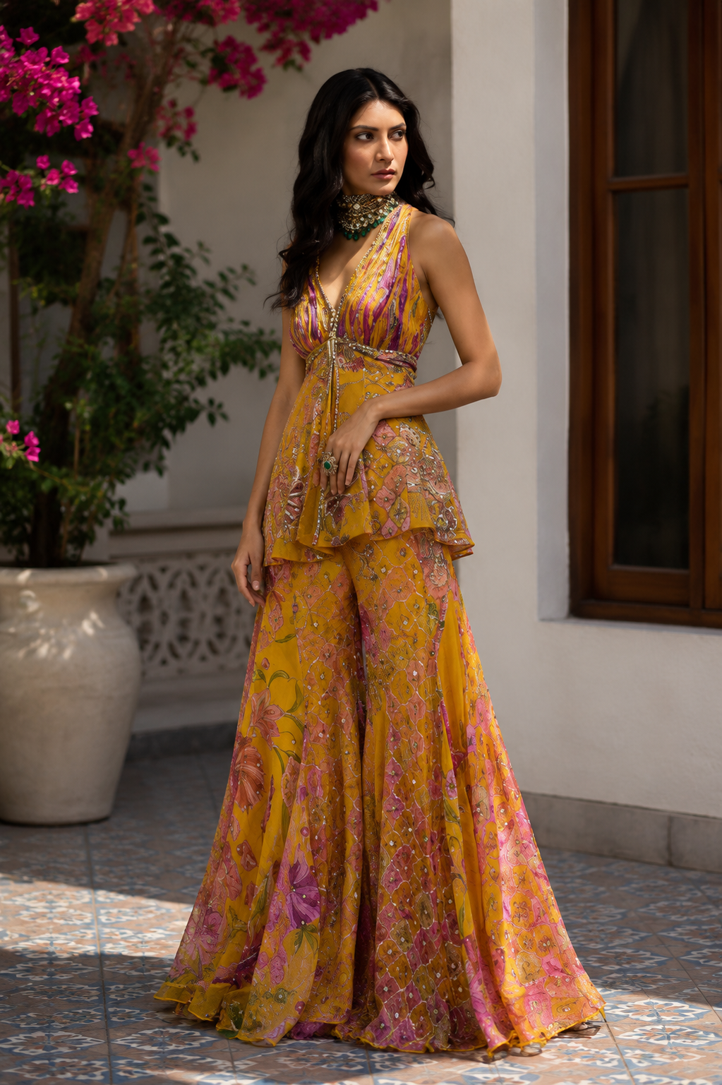 Luxury Mustard Yellow Designer Embroidered Sharara Set With Dupatta