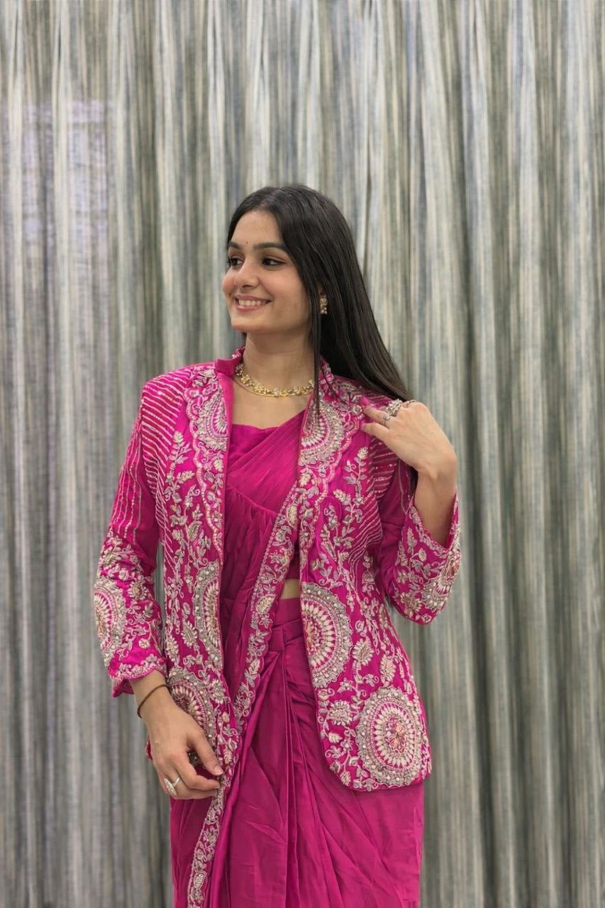Embroidered Sequin Ready-to-Wear Saree with Full Koti