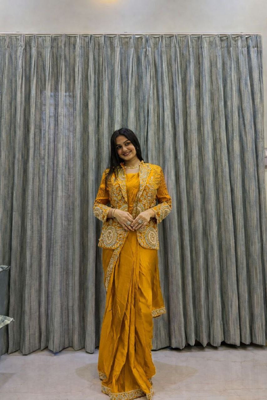 Embroidered Sequin Ready-to-Wear Saree with Full Koti