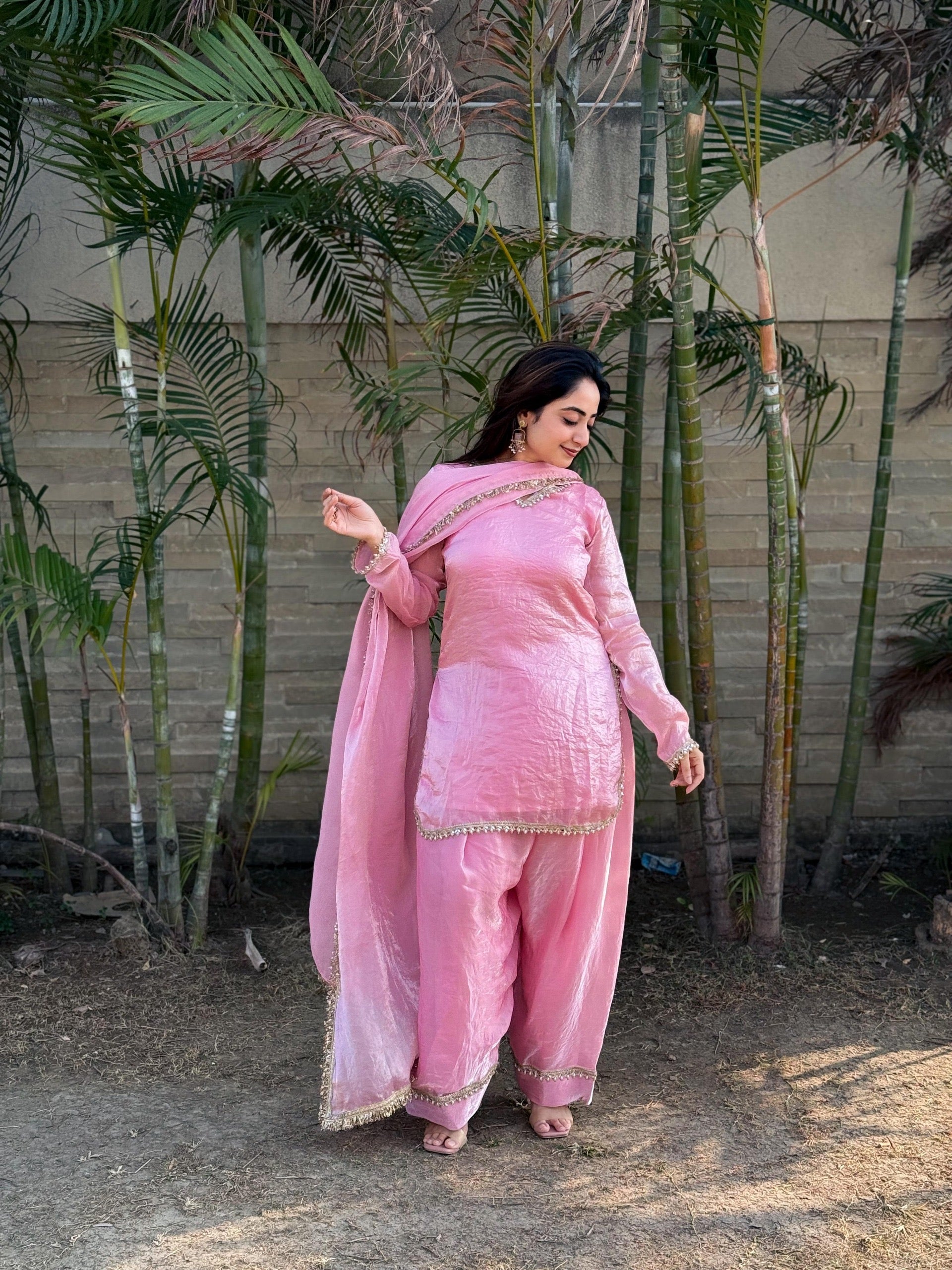 Fendi Satin Silk Designer Farsi Salwar Suit Set with Mirror Work Dupatta