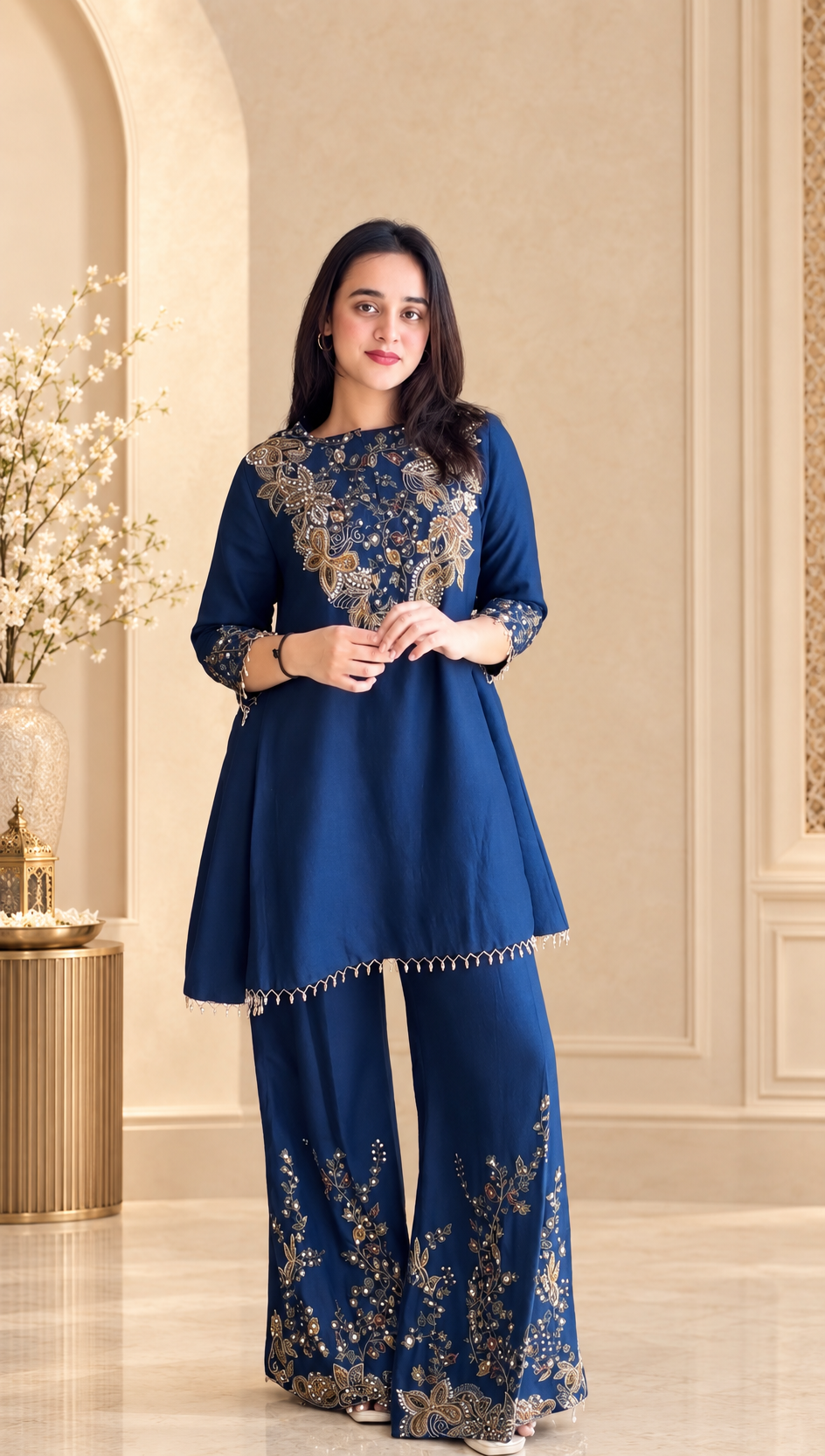 Navy Blue Printed Silk Palazzo Suit with Embroidery