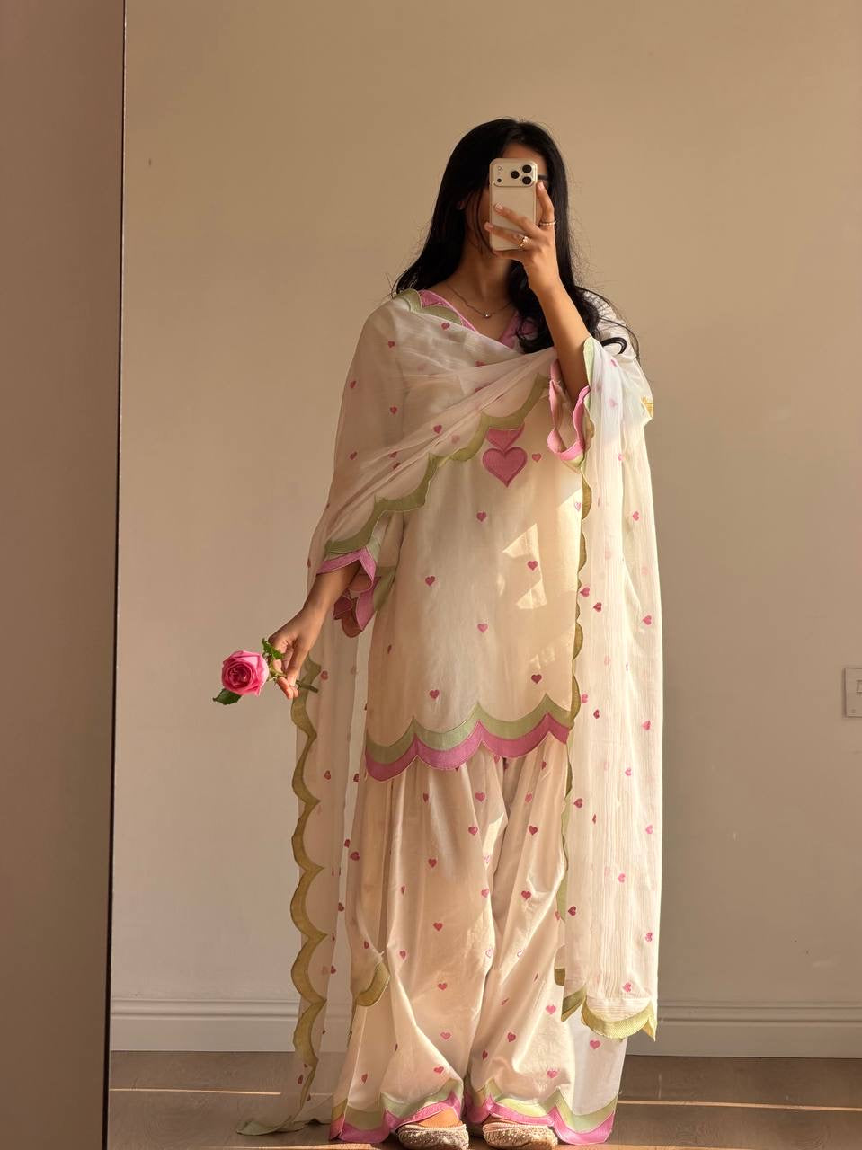 Ivory Pink Heart Embroidery thread Work Farshi Salwar Suit Set