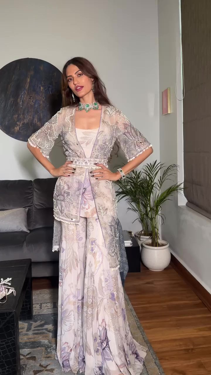 Mahnoor Embroidered Gharara Set Paired with High Low Jacket and Belt