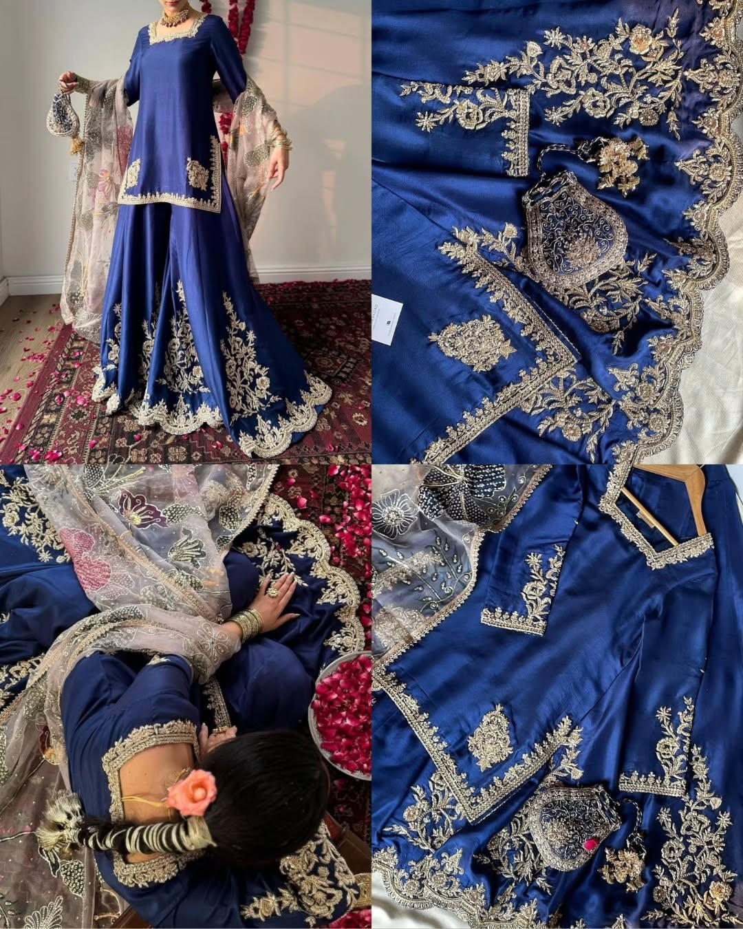 Blue embroidered saree with gold details on a patterned floor.