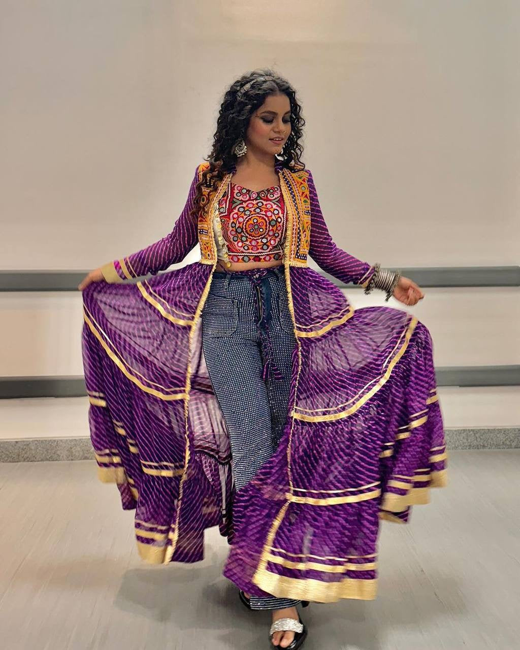 Premium Navratri Mirror Work Shrug with Embroidered Blouse