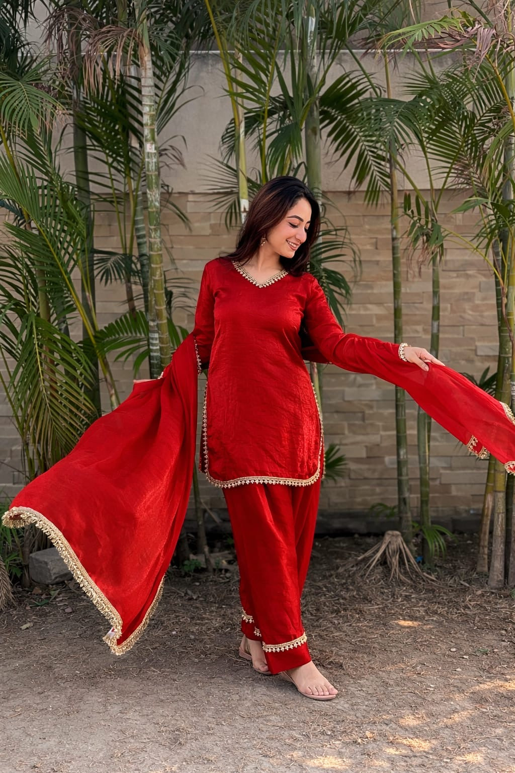 Fendi Satin Silk Designer Farsi Salwar Suit Set with Mirror Work Dupatta