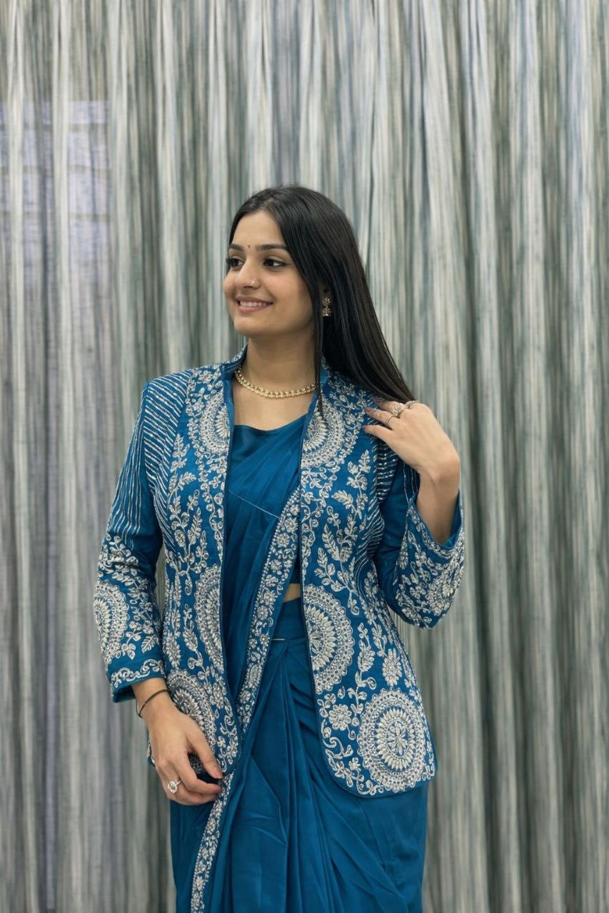 Embroidered Sequin Ready-to-Wear Saree with Full Koti