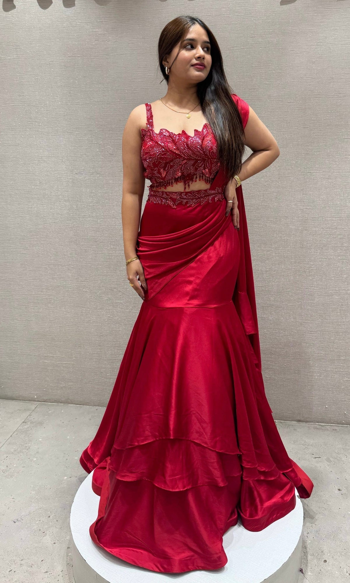 Embroidered Crop Top with Draped Layered Lehenga Set