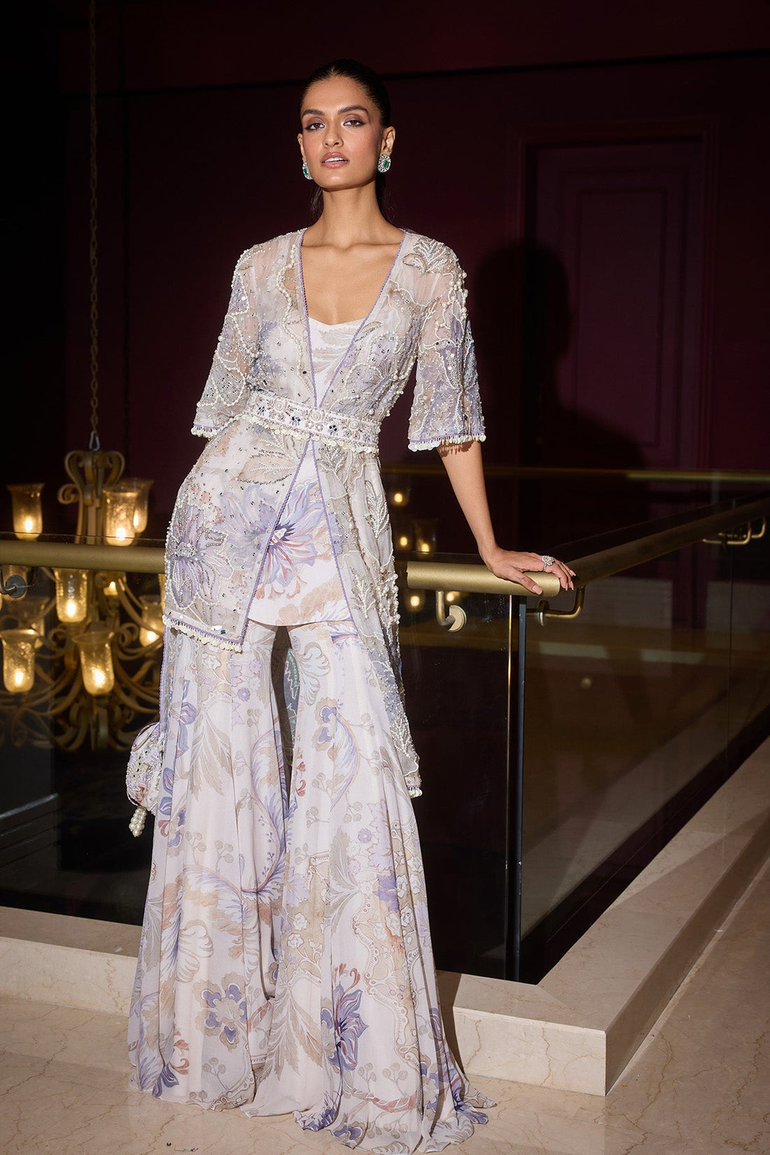 Mahnoor Embroidered Gharara Set Paired with High Low Jacket and Belt