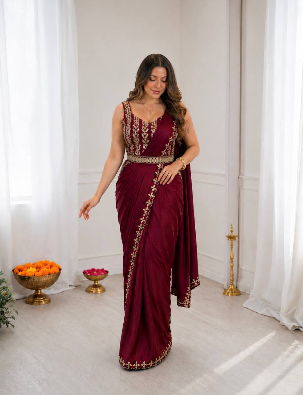 Premium Maroon Ready-to-Wear Saree with Embroidered Blouse