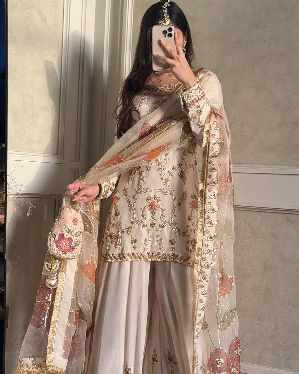 DESIGNER HEAVY CHINON WITH SEQUANCE EMBROIDERY WORK SUIT WITH PLAZZO AND DUPATTA