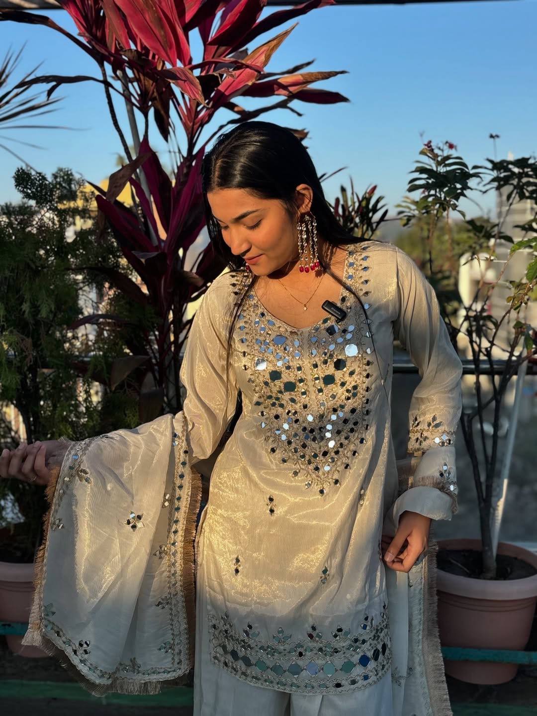 Faux Georgette Thread Mirror Work Suit