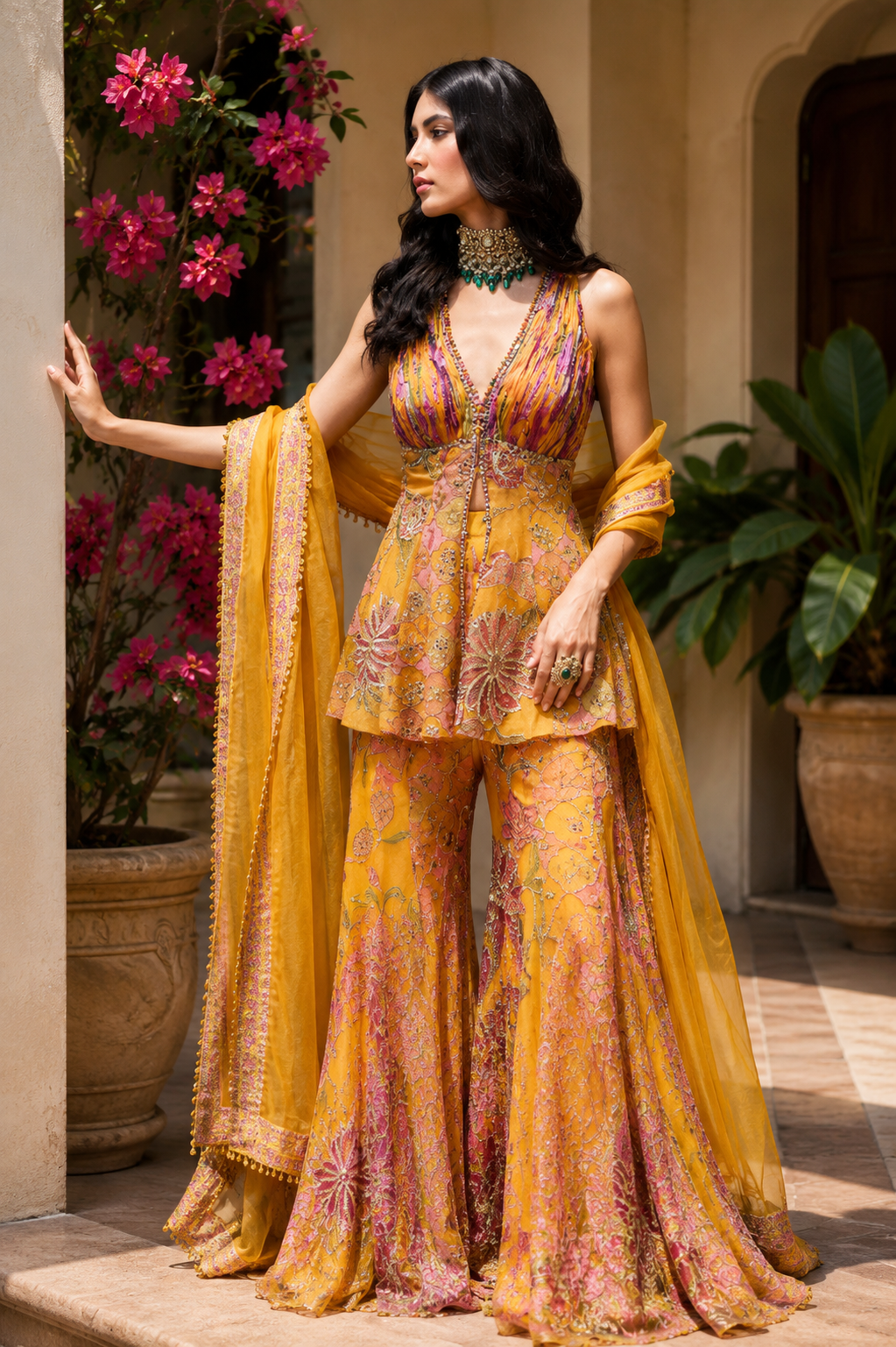 Luxury Mustard Yellow Designer Embroidered Sharara Set With Dupatta