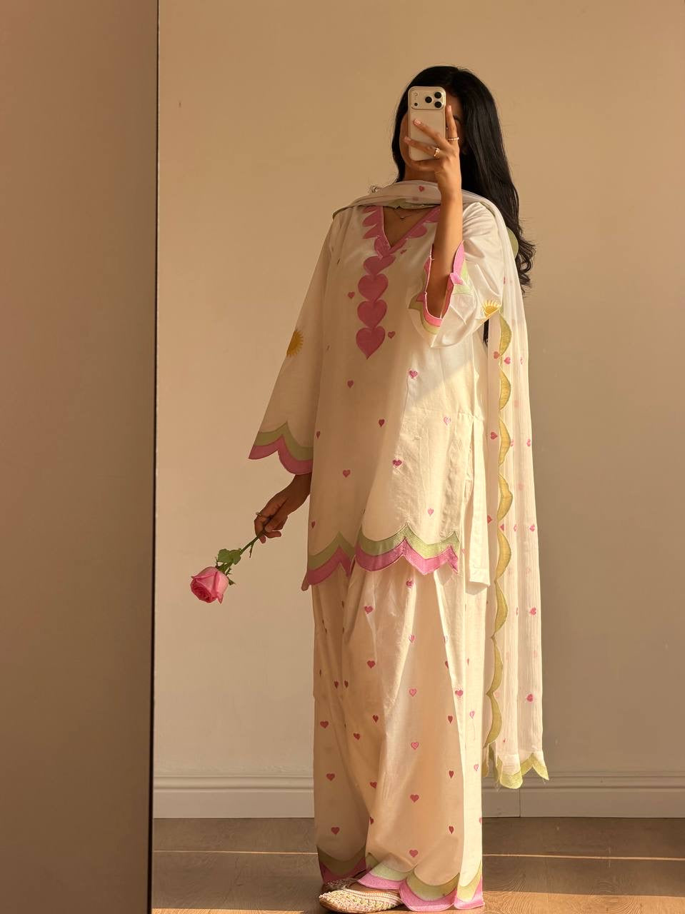Ivory Pink Heart Embroidery thread Work Farshi Salwar Suit Set