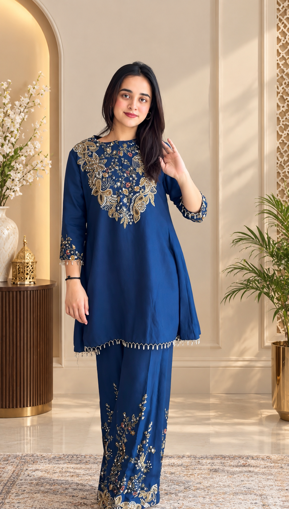 Navy Blue Printed Silk Palazzo Suit with Embroidery