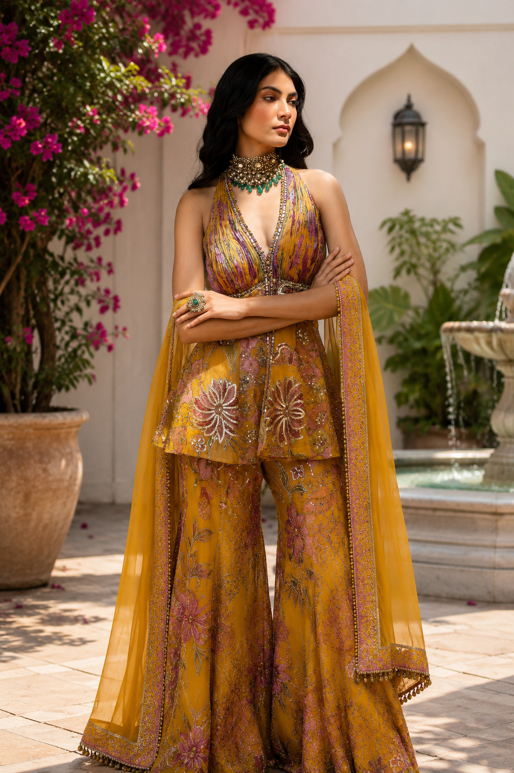 Luxury Mustard Yellow Designer Embroidered Sharara Set With Dupatta