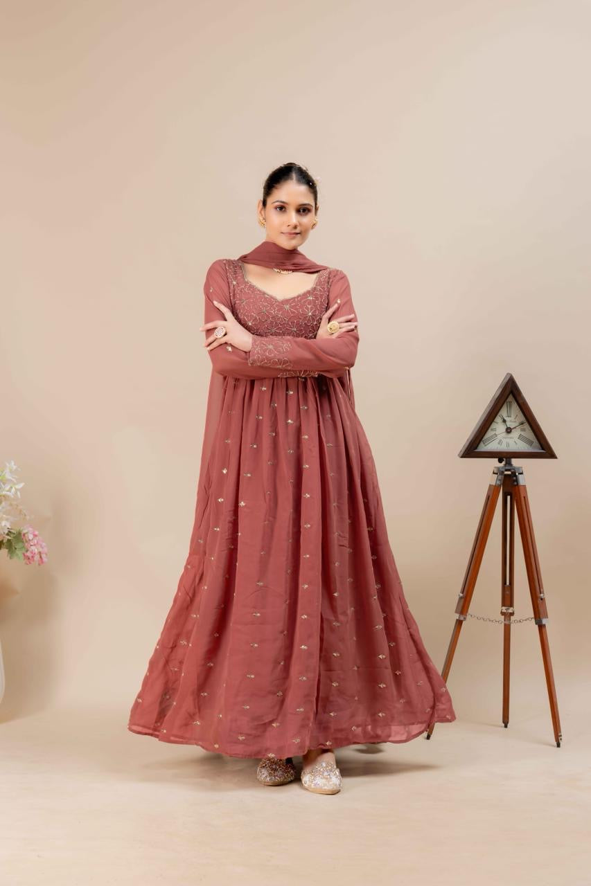Brown Georgette Anarkali Gown with Intricate Embroidery