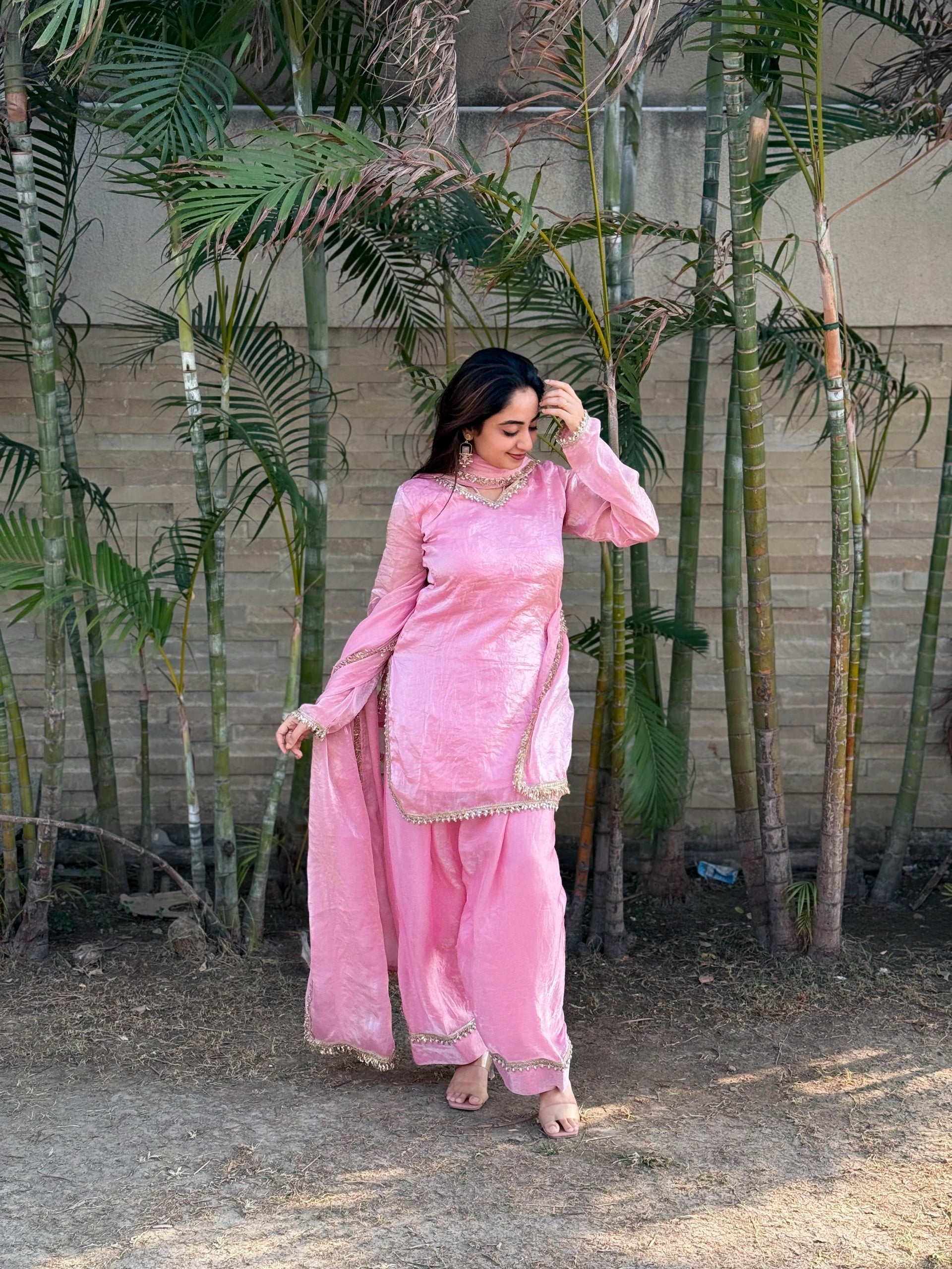 Fendi Satin Silk Designer Farsi Salwar Suit Set with Mirror Work Dupatta
