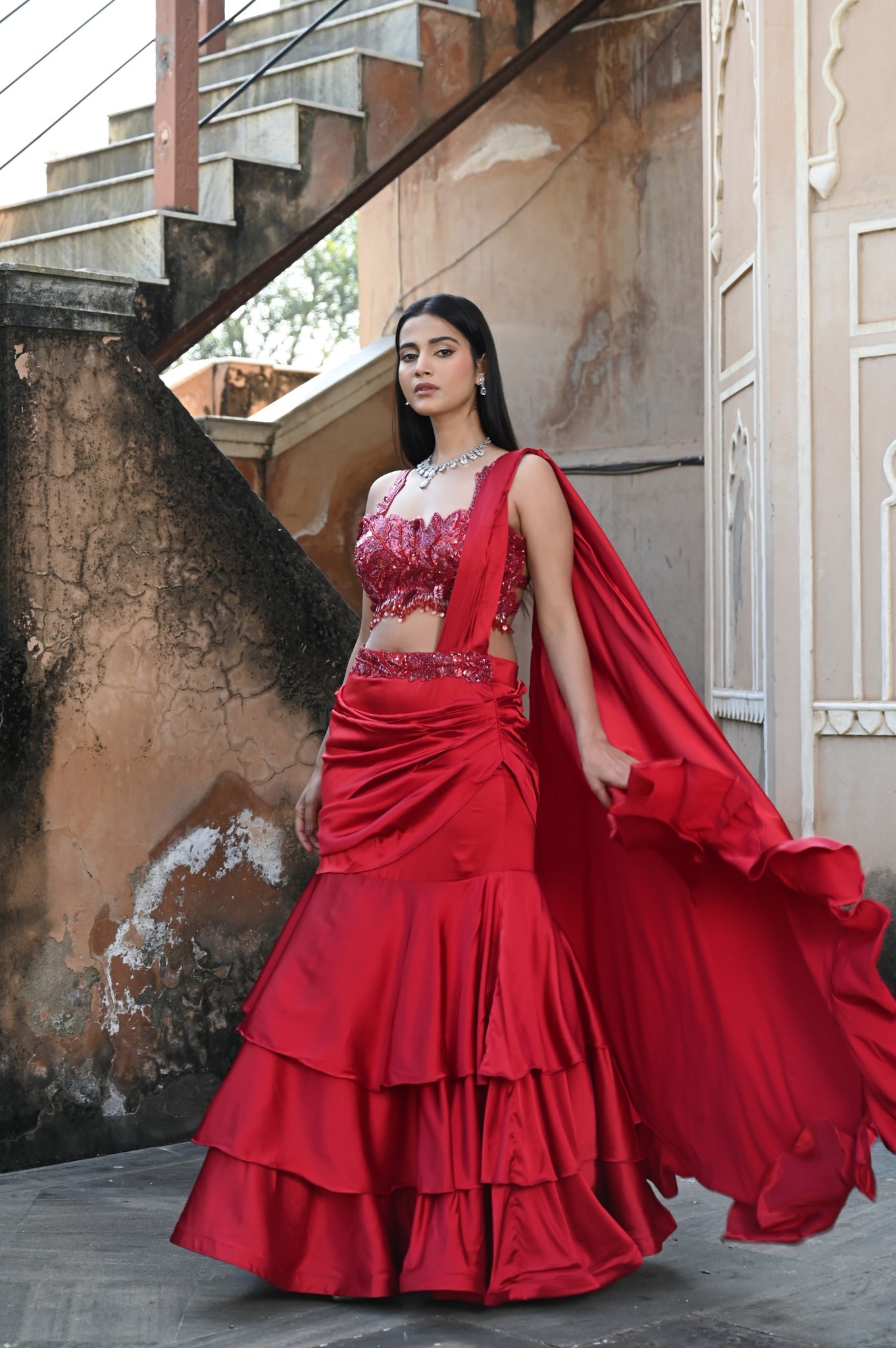 Embroidered Crop Top with Draped Layered Lehenga Set