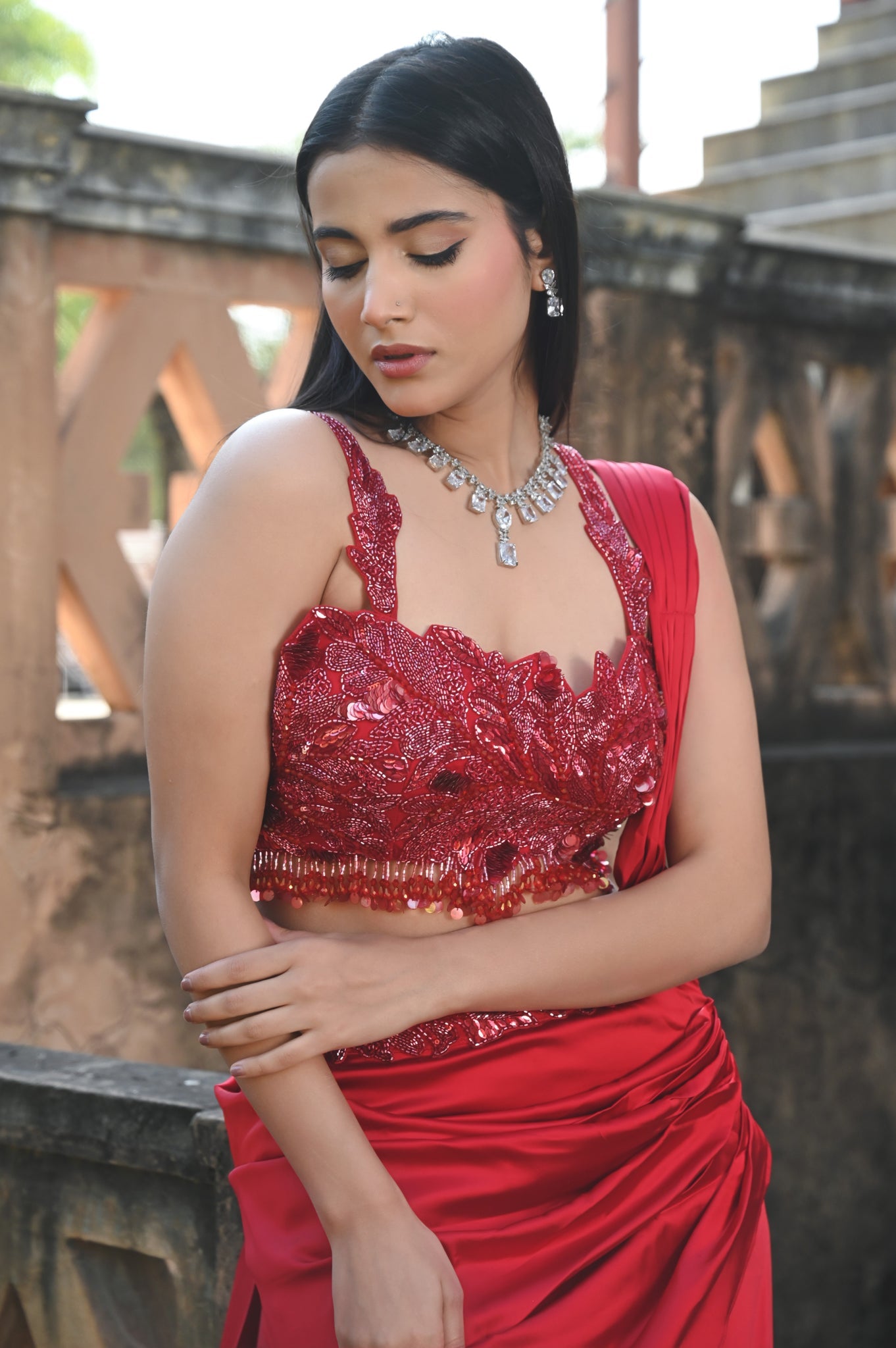 Embroidered Crop Top with Draped Layered Lehenga Set