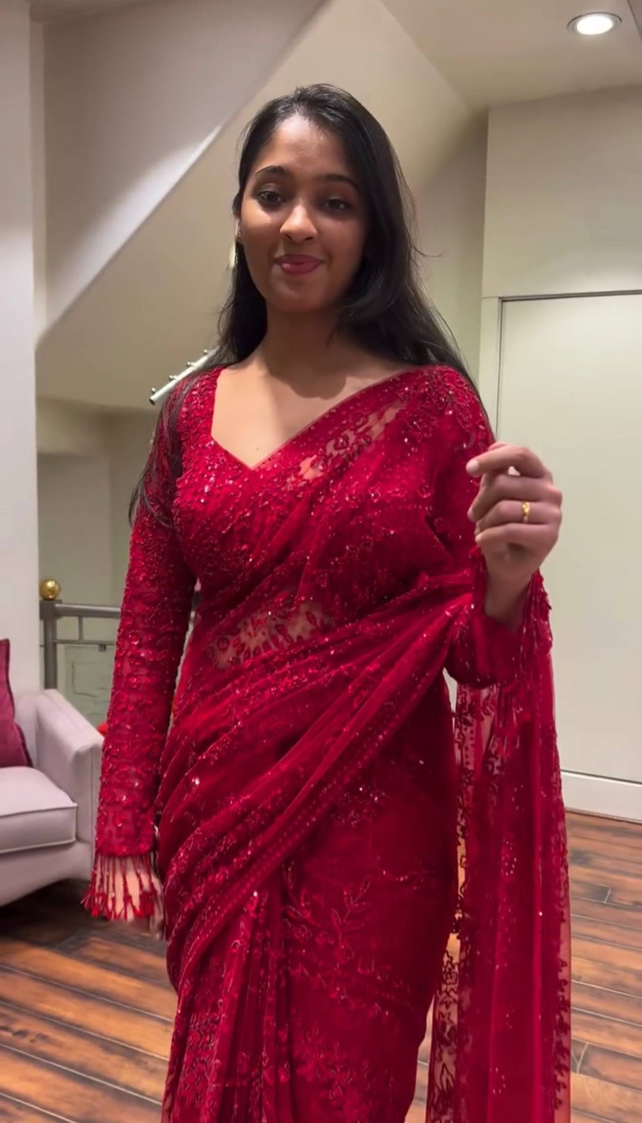 HEAVY EMBROIDERY & FANCY LACE WORK SAREE WITH STITCH BLOUSE