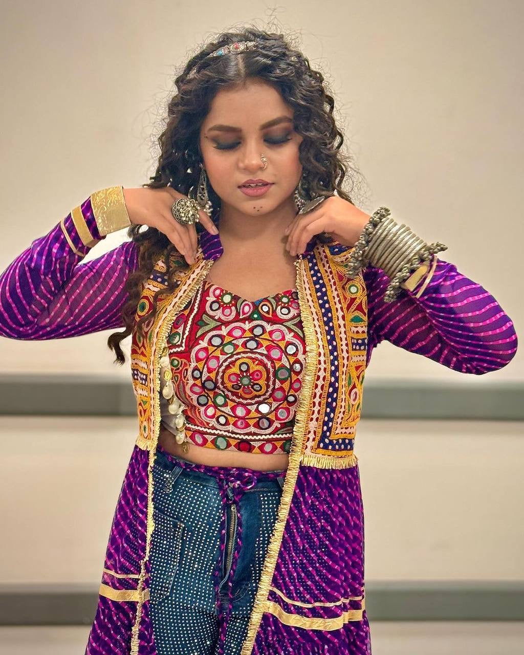Premium Navratri Mirror Work Shrug with Embroidered Blouse