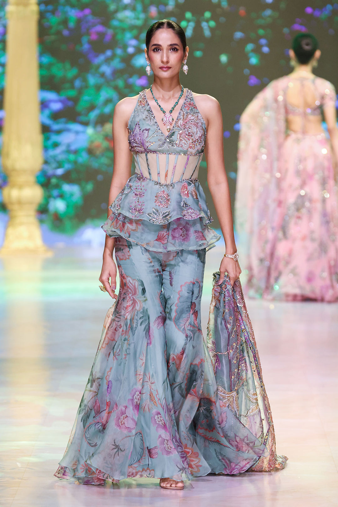 Carnival Mint Pastel Floral Bustier Sharara Dress