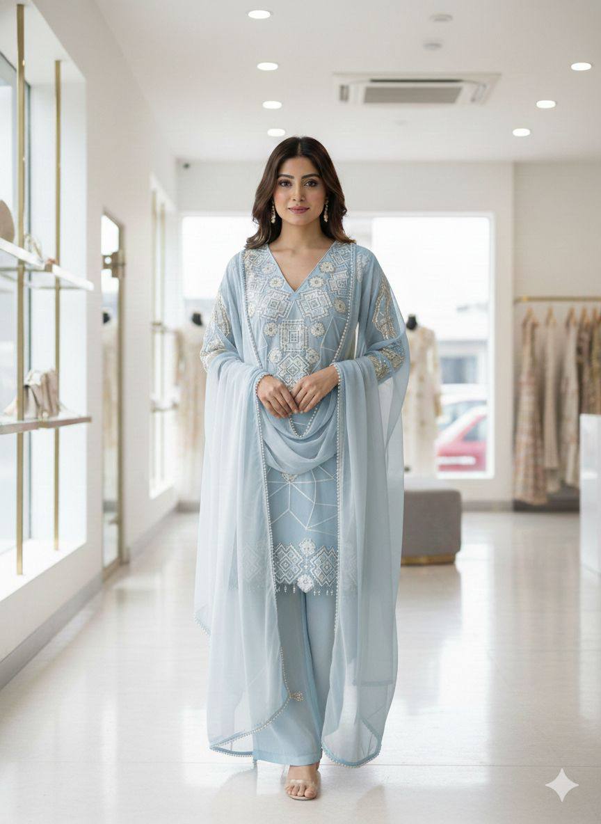 SEQUENCE EMBROIDERY WORKED TOP, PLAZZO AND DUPATTA  ✨