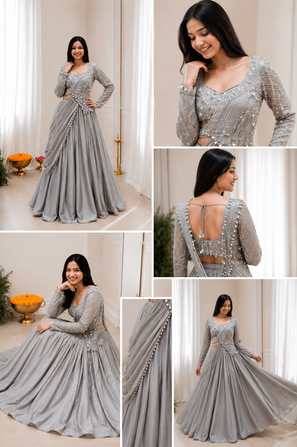 🌺 Premium Embroidered Rangoli Silk Lehenga Choli Set – Grey