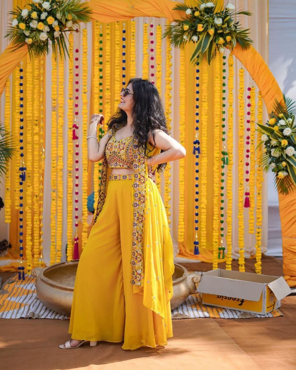 Haldi Rasam Special New Super Trending Embroidery cording work and Party Wear Shrug lahenga