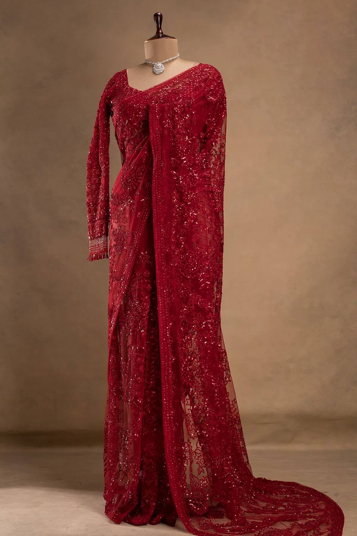 HEAVY EMBROIDERY & FANCY LACE WORK SAREE WITH STITCH BLOUSE