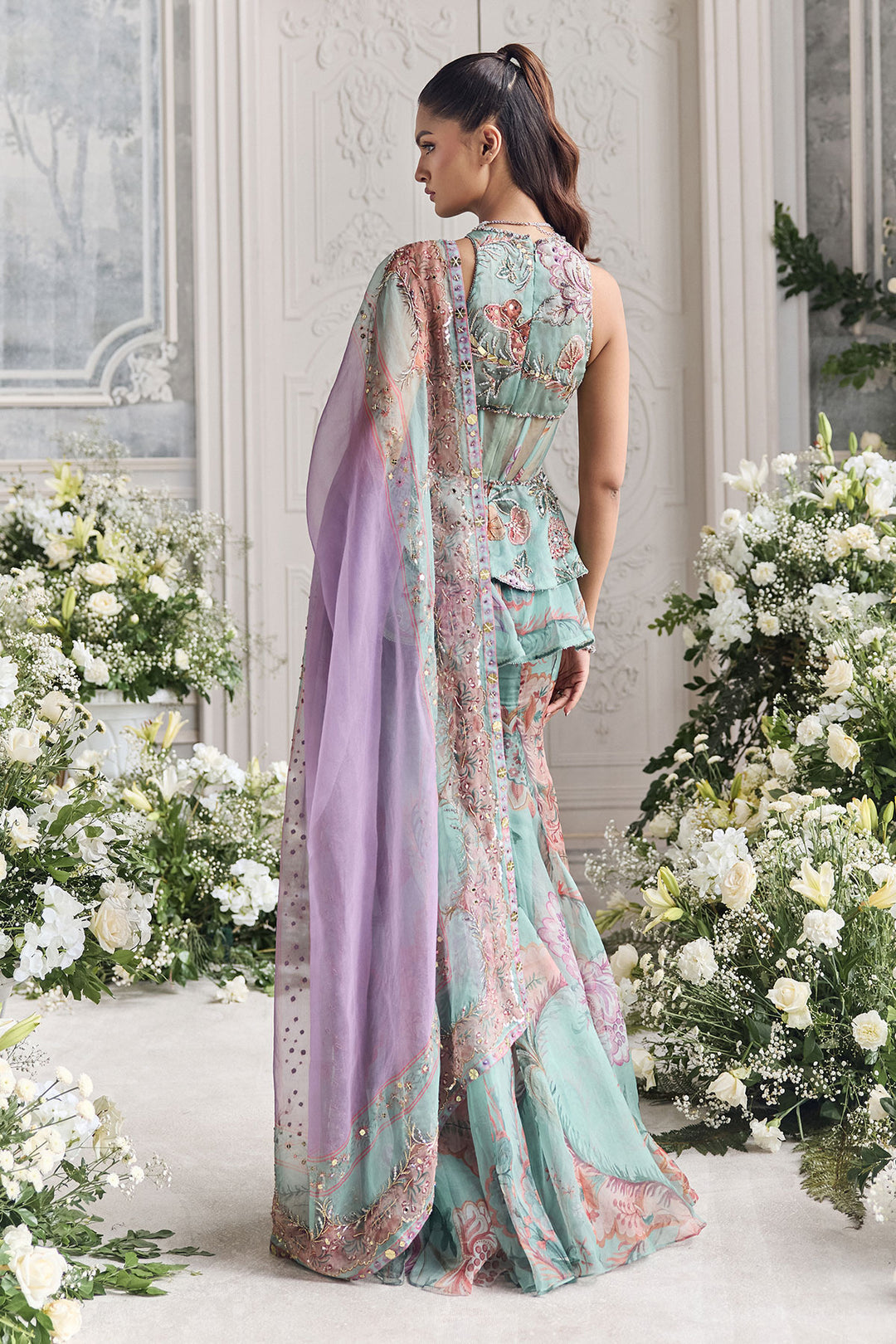 Carnival Mint Pastel Floral Bustier Sharara Dress
