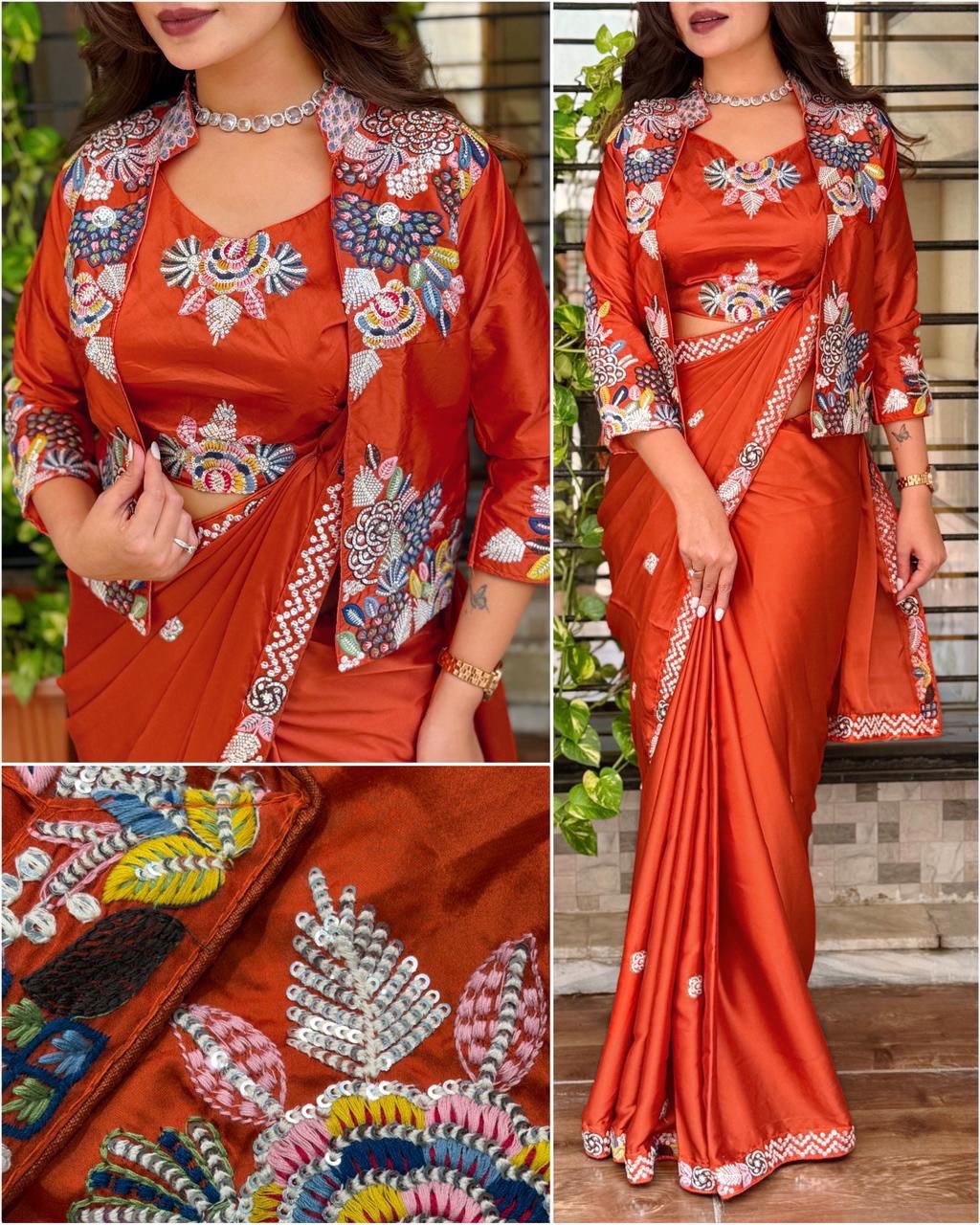 New Super Trending Party jacket with saree Reday to wear Embroidery work saree