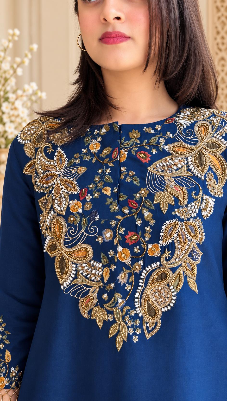 Navy Blue Printed Silk Palazzo Suit with Embroidery