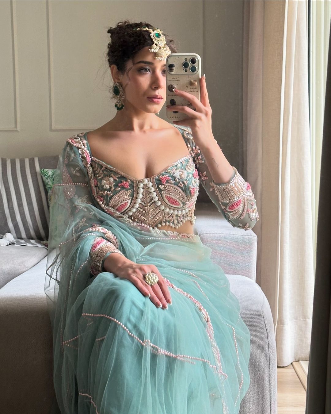 Wedding Wear Sky Color Butterfly Net Embroidery Work With Pearl Moti Work Designer Saree With Fancy Blouse