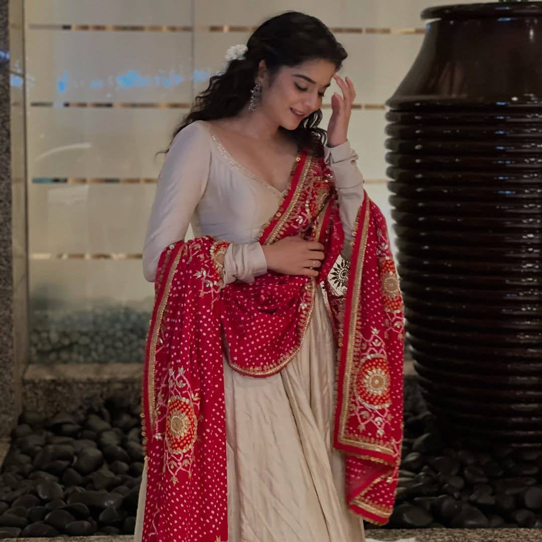 DESIGNER AND ELEGANCE GOWN IN THREE PIECE WITH  PRINTED BANDHNI DUPATTA