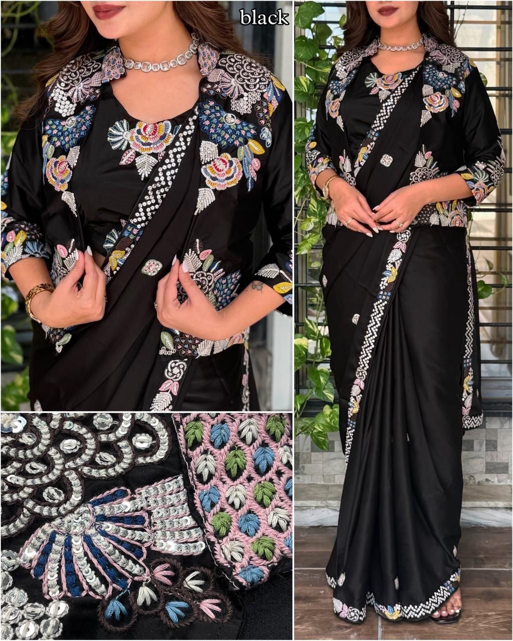 New Super Trending Party jacket with saree Reday to wear Embroidery work saree