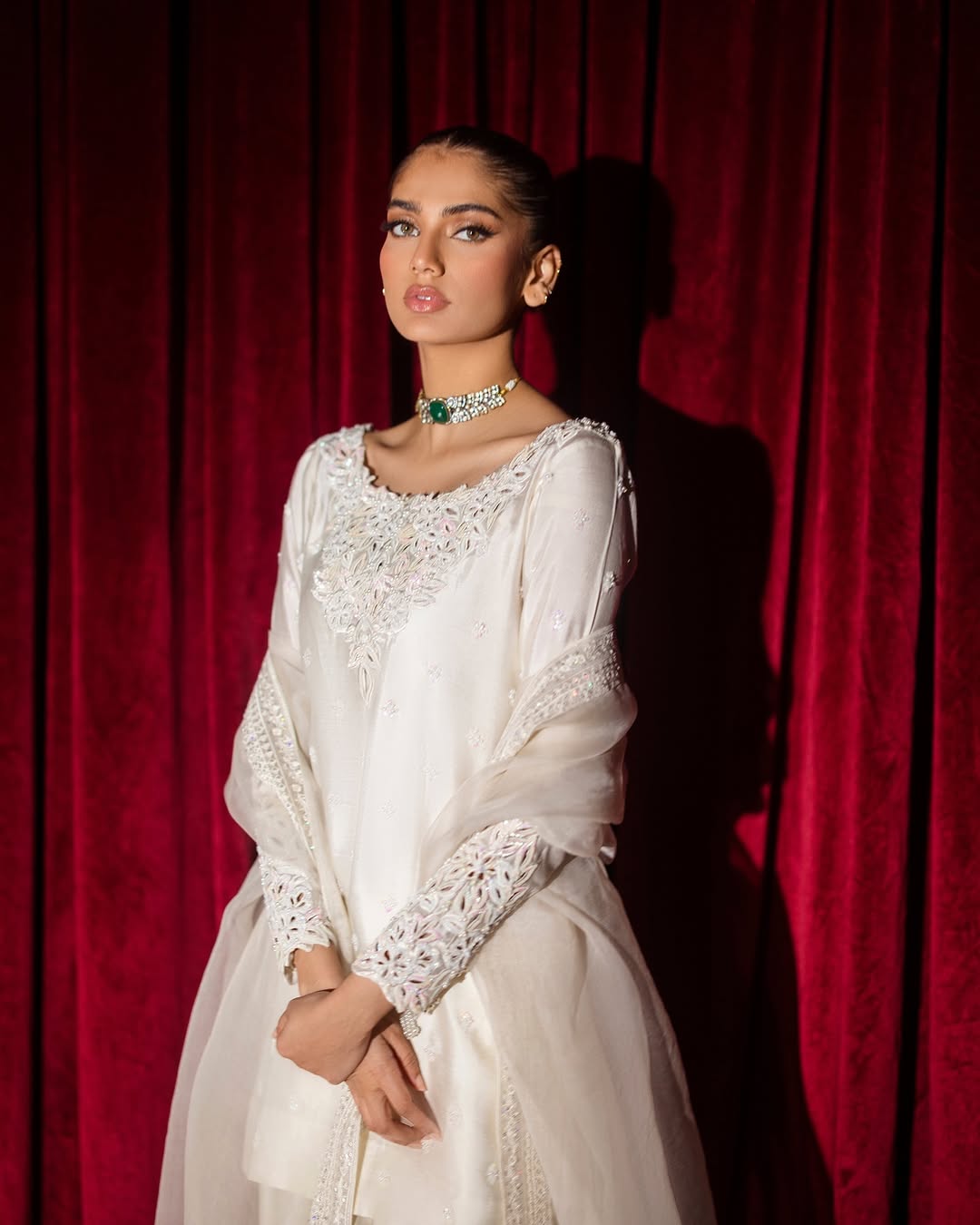 HANIA AMIR INSPIRED BEADS WITH SEQUENCE EMBROIDERY WORKED TOP, FARSI SALWAAR WITH DUPATTA