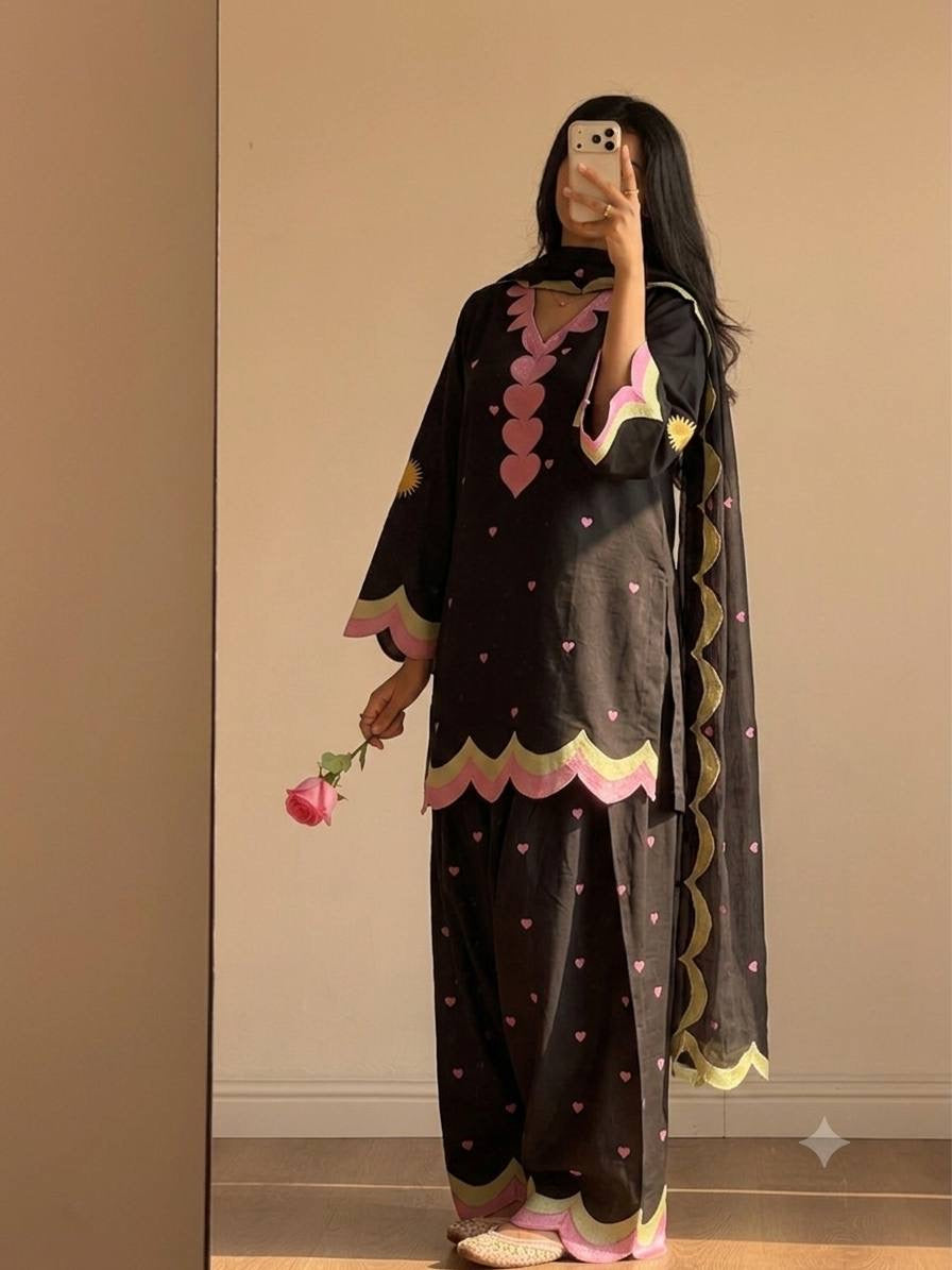 Ivory Pink Heart Embroidery thread Work Farshi Salwar Suit Set