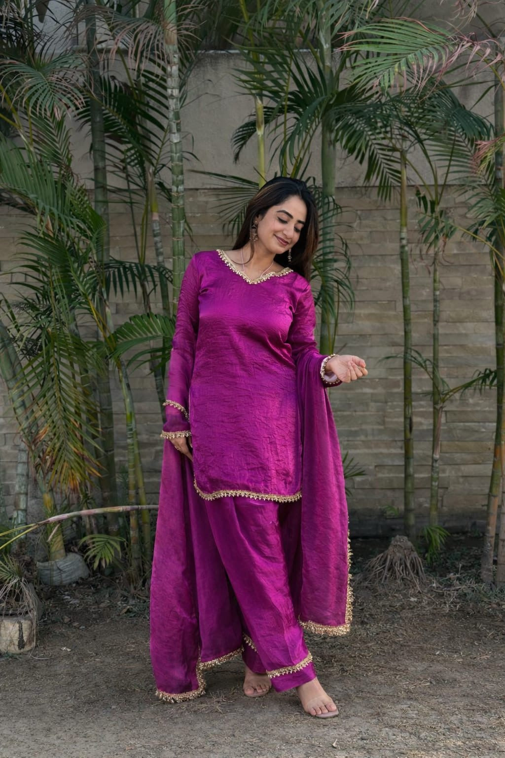 Fendi Satin Silk Designer Farsi Salwar Suit Set with Mirror Work Dupatta