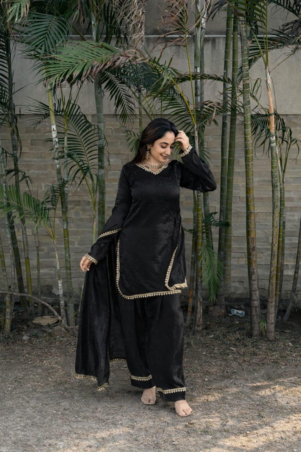 Fendi Satin Silk Designer Farsi Salwar Suit Set with Mirror Work Dupatta